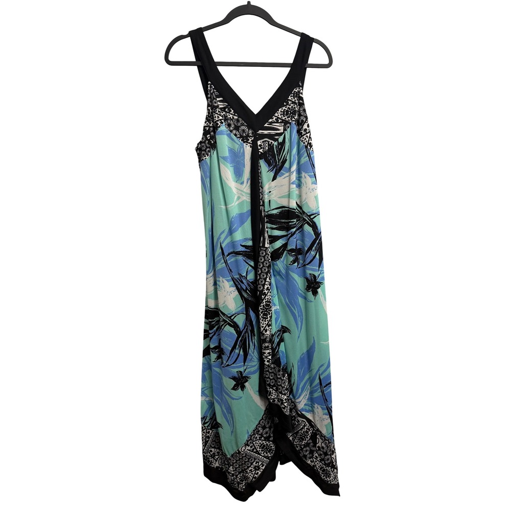 Style & Co Woman Tropical Floral Handkerchief Hem Maxi Dress Teal Blue 1X